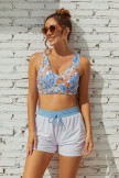 Floral Square Neck Wide Straps Sporty Bikini Top And White HighWaist Boy Shorts