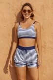 Blue Stripes Square Neck Wide Straps Sporty Bikini Top And HighWaist Boy Shorts