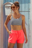 Stripes Square Neck Wide Straps Sporty Bikini Top And Red HighWaist Boy Shorts