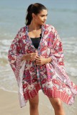 Red Geometric Patterns Cardigan Batwing Sleeves Boho Style Loose Cover Up