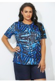 Blue Leaves Print Swim Tee With Short