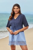 Blue VNeck Lace Hem Drawstring Tie Beach Dress with Sleeves