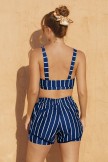 Blue Stripes Square Neck Wide Straps Sporty Bikini Top And HighWaist Boy Shorts