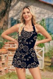 Black Geometric Pattern Halter Tropical Resort Style Swimdress
