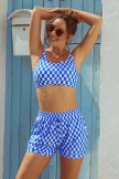 Blue & White Square Lattice Square Neck Wide Straps Sporty Bikini Top And HighWaist Boy Shorts