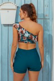 Coffee Floral Print One Shoulder Crop High Waist Bikini Top And Blue HighWaist Boy Shorts