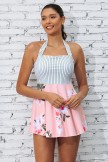 White &  Pink Colorblock Stripe Halter Straps Sweetheart Neck Casual Swimdress