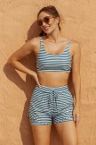 Green & White Stripes Square Neck Wide Straps Sporty Bikini Top And HighWaist Boy Shorts