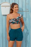 Coffee Floral Print One Shoulder Crop High Waist Bikini Top And Blue HighWaist Boy Shorts