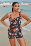 Dark Green Floral Sweetheart Neck Adjustable Straps Ruching Front OnePiece Swimsuit