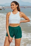 Green Stripe Square Neck Wide Straps Crossback Sporty Bikini Top And Floral HighWaist Boy Shorts Set