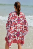 Red Geometric Patterns Cardigan Batwing Sleeves Boho Style Loose Cover Up