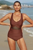 Red Brown Vneck Twist Front Mesh Patchwork OnePiece Swimsuit