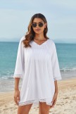 White VNeck Ties Elbow Sleeves Leisure Cover Up