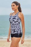 Black Unique Pattern Scoop Neck Drawstring Sides Sporty Tankini Set