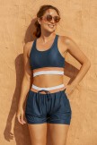 Deep Blue Colorblock Square Neck Wide Straps Sporty Bikini Top And HighWaist Boy Shorts