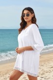 White VNeck Ties Elbow Sleeves Leisure Cover Up