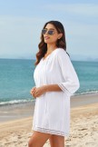 White VNeck Ties Elbow Sleeves Leisure Cover Up