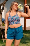 Green Floral Spaghetti Straps Crossback Plus Size Bikini Top with Boy Short Set