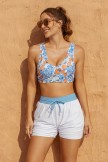 Floral Square Neck Wide Straps Sporty Bikini Top And White HighWaist Boy Shorts