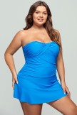 Solid Blue Bandeau Neck Skirted Swimdress