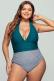 Green And Striped Halter Neck OnePiece Swimsuit