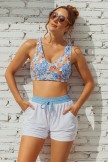 Floral Square Neck Wide Straps Sporty Bikini Top And White HighWaist Boy Shorts