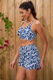 Blue Floral Scoop Neck Adjustable Strap Sporty Bikini Top And HighWaist Boy Shorts Set