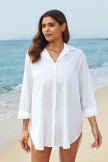 White FoldOver Collar Neck Long Sleeves Irregular Hem Cover Up