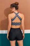 Striped Scoop Neck Wide Straps Cross Back Sporty Bikini Top And HighWaist Boy Shorts