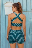 Green Striped Scoop Neck Sporty Bikini Top With HighWaisted Boy Legs