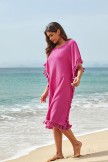 Solid Red Scoop Neck Tassel Edge Batwing Sleeve Loose Beach Dress