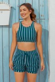 Green Striped Scoop Neck Sporty Bikini Top With HighWaisted Boy Legs