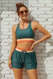 Teal Colorblock Square Neck Wide Straps Sporty Bikini Top And HighWaist Boy Shorts