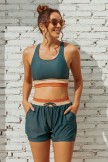 Teal Colorblock Square Neck Wide Straps Sporty Bikini Top And HighWaist Boy Shorts