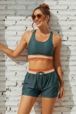 Teal Colorblock Square Neck Wide Straps Sporty Bikini Top And HighWaist Boy Shorts