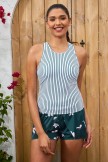 Striped Scoop Neck Racer Back Tankini Top And Floral HighWaist Boy Short