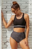 Black Colorblock Scoop Neck Zipper Back Bikini Top And HighWaist Bottom