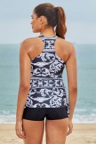 Black Unique Pattern Scoop Neck Drawstring Sides Sporty Tankini Set