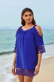 Blue Scoop Neck OffShoulder Lace Edge Beach Dress