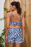 Blue Floral Scoop Neck Adjustable Strap Sporty Bikini Top And HighWaist Boy Shorts Set