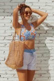 Floral Square Neck Wide Straps Sporty Bikini Top And White HighWaist Boy Shorts