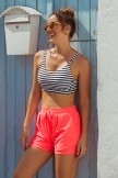 Stripes Square Neck Wide Straps Sporty Bikini Top And Red HighWaist Boy Shorts