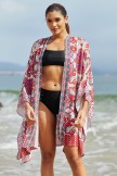 Red Geometric Patterns Cardigan Batwing Sleeves Boho Style Loose Cover Up