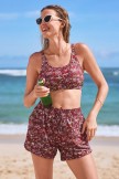 Burgundy Floral Adjustable Strap Vintagestyle Bikini Top with Boy Short Set
