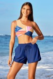 Multicolor Patchwork OneShoulder Trendy Style Bikini Top With Boy Short Set