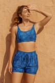 Deep Blue Floral Square Neck Wide Straps Sporty Bikini Top And HighWaist Boy Shorts