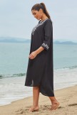 Black Floral Scoop Neck Long Sleeves Beach Dress