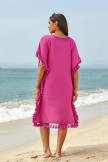 Solid Red Scoop Neck Tassel Edge Batwing Sleeve Loose Beach Dress