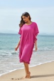 Solid Red Scoop Neck Tassel Edge Batwing Sleeve Loose Beach Dress